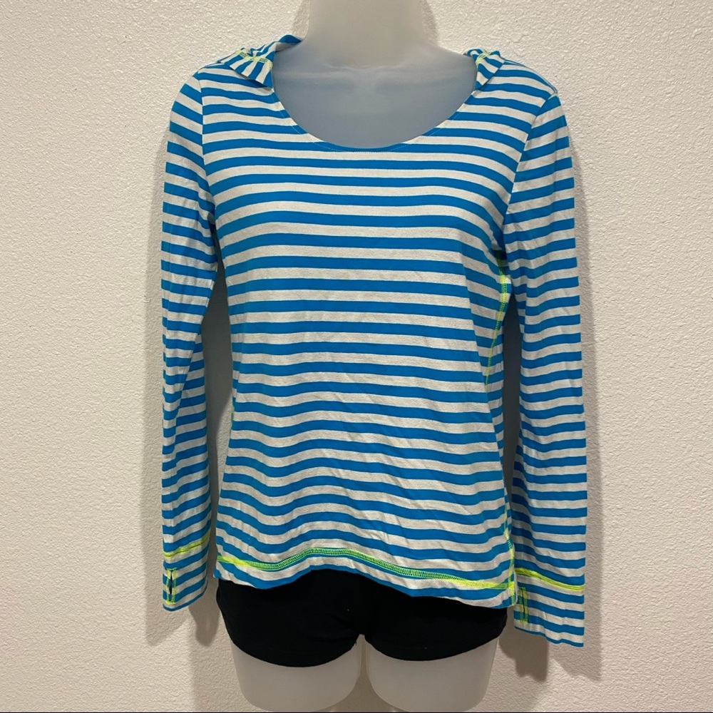 Kids Zella Girl Blue White Striped Hooded Long Sleeve T-Shirt XL 14/16